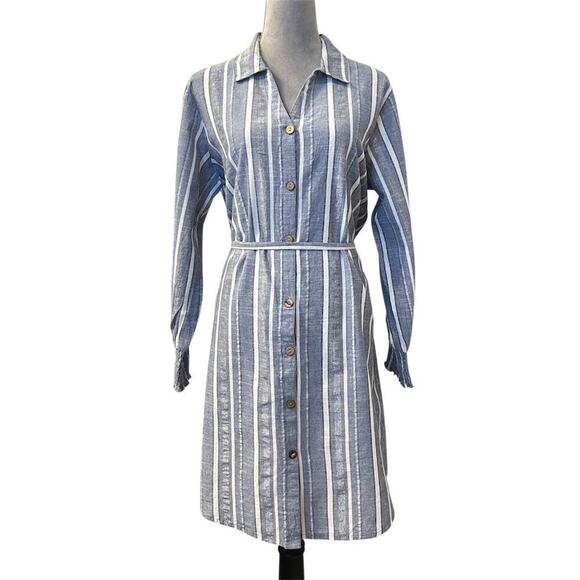 Mlle Gabrielle Blue Striped Belted Button Up Shirt Dress Coastal Minimalist - Picture 1 of 12